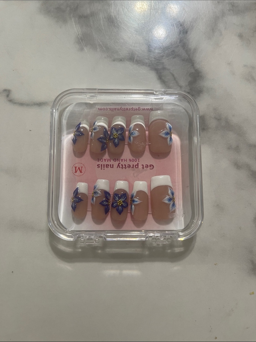 Floral French Press-On Nails with dark and light blue & White Flowers